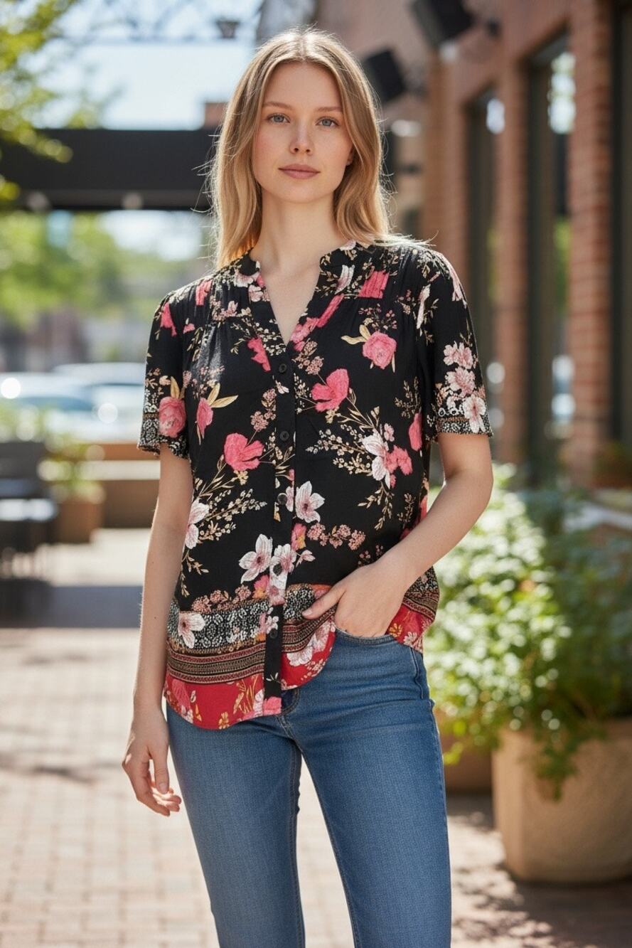 NWOT Knox Rose black floral button down tunic